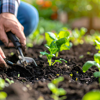 Landscaping SuppliesA person using a gardening tool to tend to young plants in a garden bed.