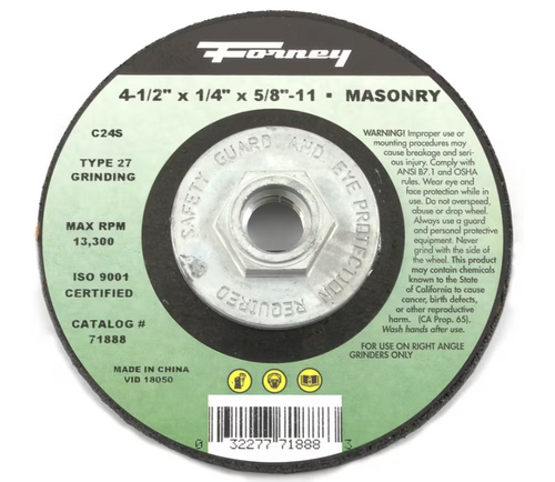 Forney Grinding Wheel, Masonry, Type 27, 4-1/2 in x 1/4 in x 5/8 in-11